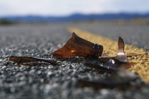 Splinters de garrafa marrom quebrado na estrada — Fotografia de Stock