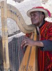 Uomo locale a suonare l'arpa sulla strada del villaggio Ollantaytambo, Perù — Foto stock