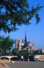 Notre Dame Cathedral along Seine river embankment in Paris, France — Stock Photo