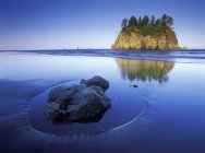 Rock in sand on Shi Shi Beach with sea stack island, Olympic National Park, Washington, Estados Unidos - foto de stock