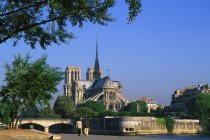 Notre Dame Cathedral along Seine river embankment in Paris, France — Stock Photo