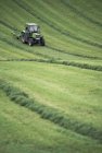 Campo de heno de rastrillo de granjero con tractor en tierras agrícolas de Baviera, Alemania, Europa - foto de stock