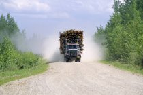 Camion forestier transportant du bois d'oeuvre résineux à Hinton, Alberta, Canada . — Photo de stock