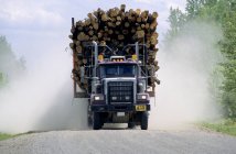 Camion di registrazione che trasporta legname di conifere a Hinton, Alberta, Canada . — Foto stock