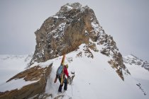 Scialpinista femminile che attraversa la cresta durante una gita sugli sci all'Icefall Lodge, Columbia Britannica, Canada — Foto stock