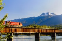 Canadian locomotive crossing rail bridge over Columbia River in Revelstoke, Canada — Stock Photo