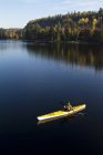 Vista de ángulo alto del hombre remando kayak en Oxtongue Lake, Muskoka, Ontario, Canadá . - foto de stock