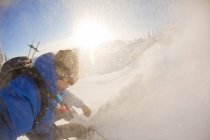 Pov Schuss Splitboarder Reiten am Sol Mountain, Monashee Backcountry, revelstoke, Kanada — Stockfoto