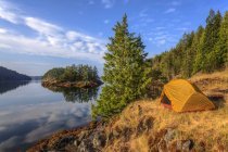 Tente au camp sur l'île Penn dans le chenal Sutil, Colombie-Britannique, Canada . — Photo de stock