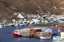 Edifícios e barcos de Petty Harbour pequena cidade em Motion Bay, Terra Nova e Labrador, Canadá — Fotografia de Stock