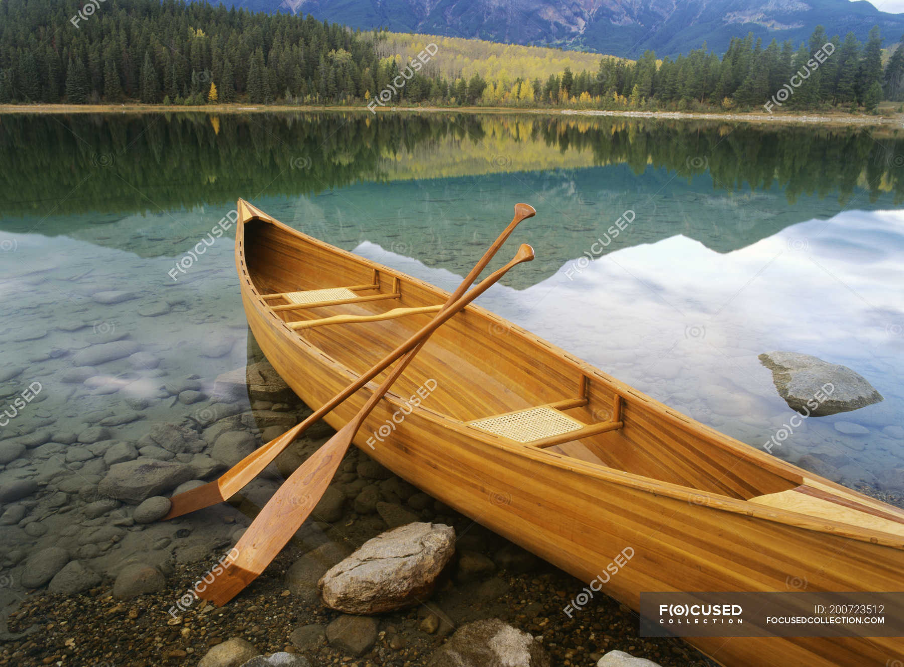 Canoe on shore of Patricia Lake, Jasper National Park, Alberta, Canada ...