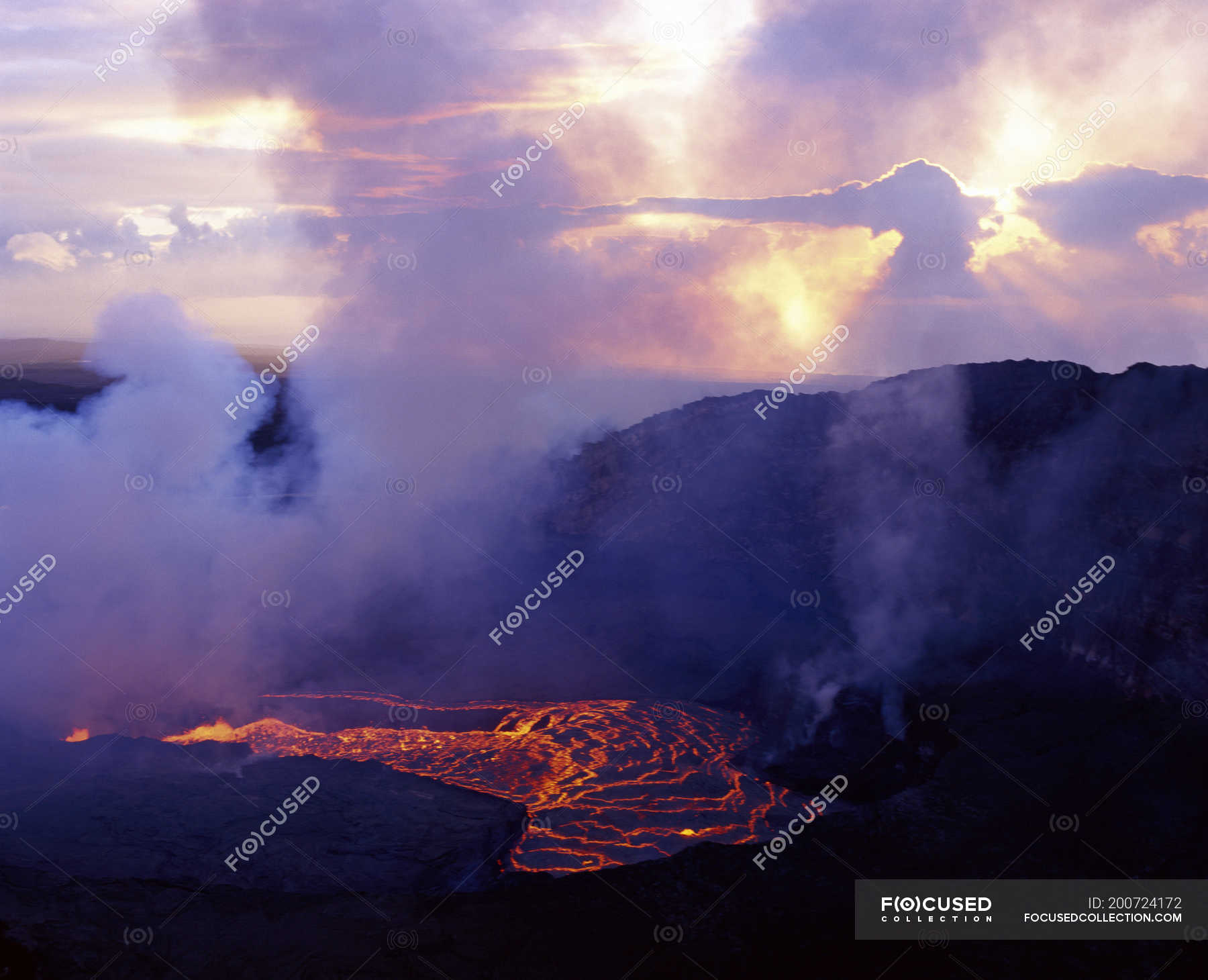 Aerial view of flowing lava of erupting Kilauea in Volcanoes National ...