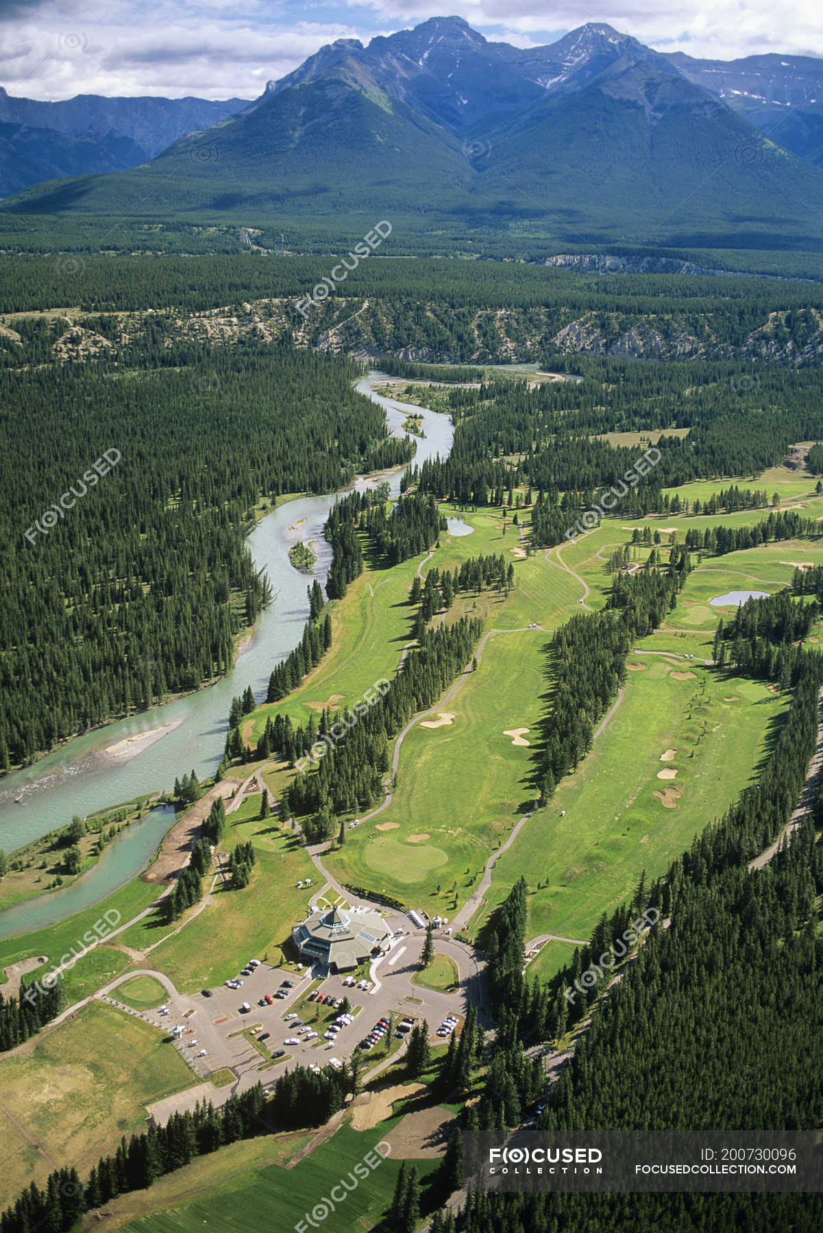 Aerial view of golf course in Banff National Park, Alberta, Canada