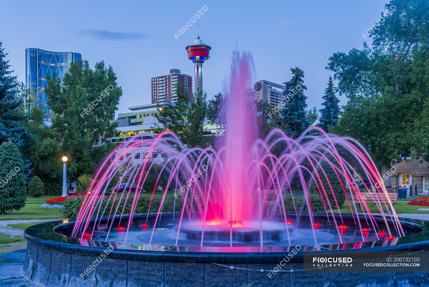Illuminated fountain in Central Memorial Park, Calgary, Alberta, Canada ...