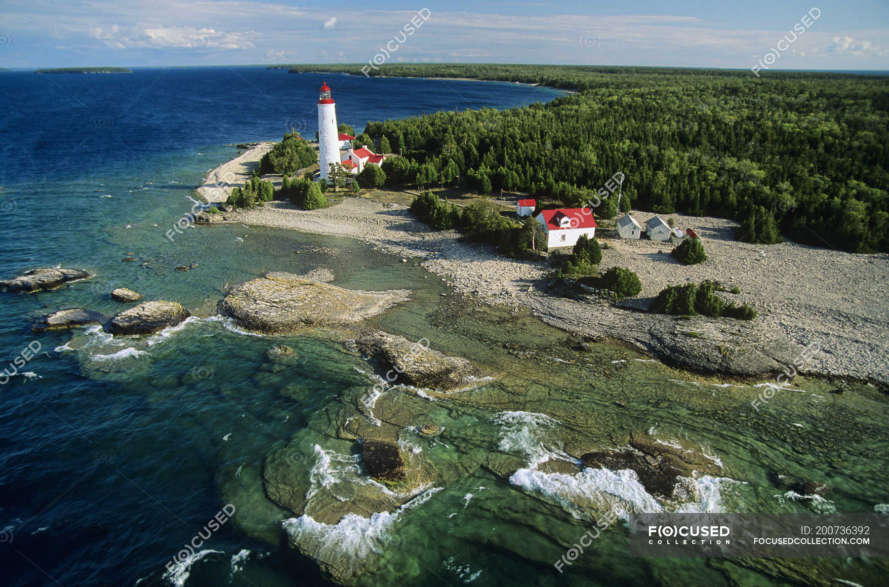 Aerial view of Cove Island lighthouse on Bruce Peninsula, Ontario ...