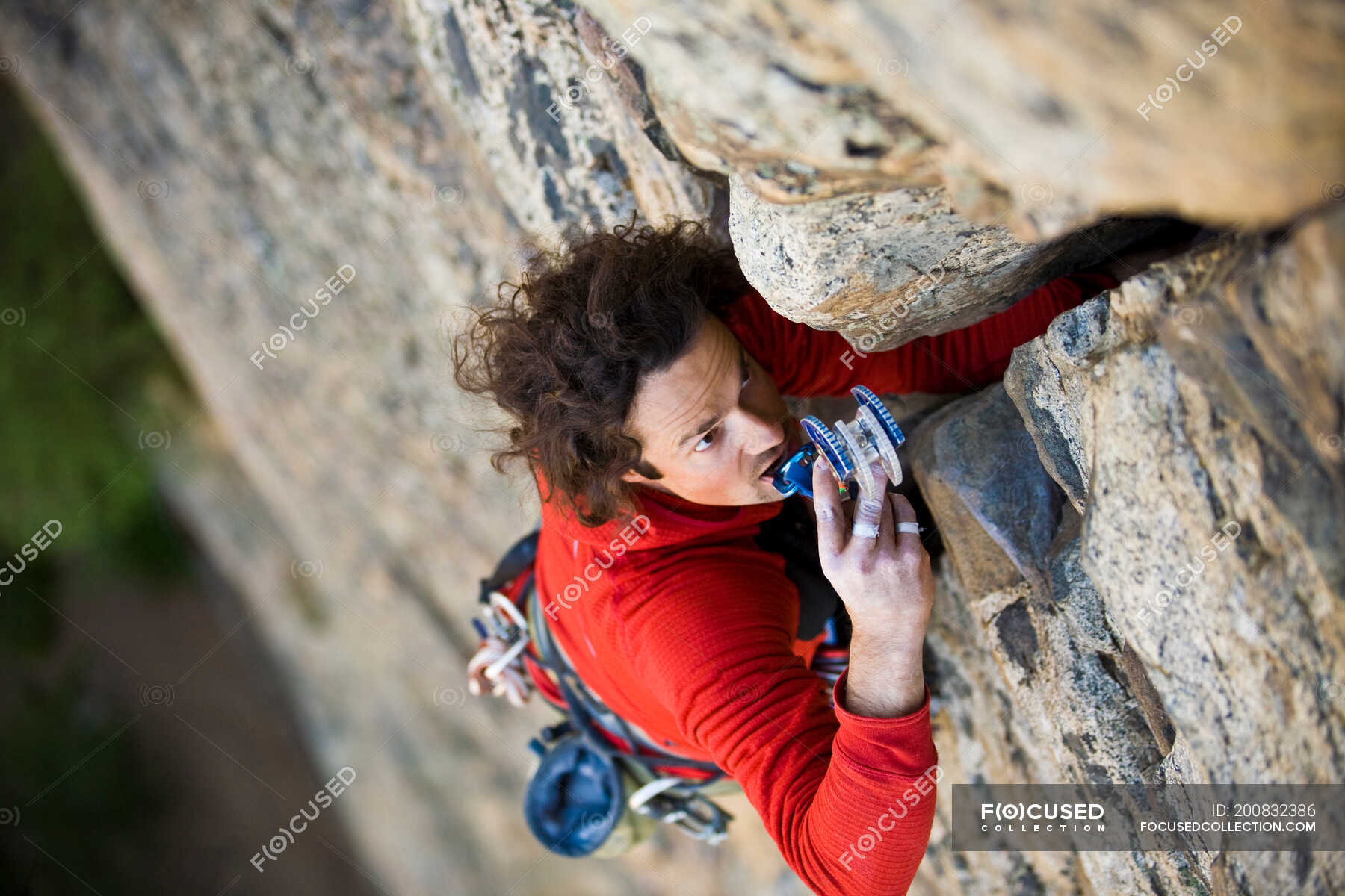 Man rock climbing on rock face, Skaha Bluffs, Skaha, Penticton Area