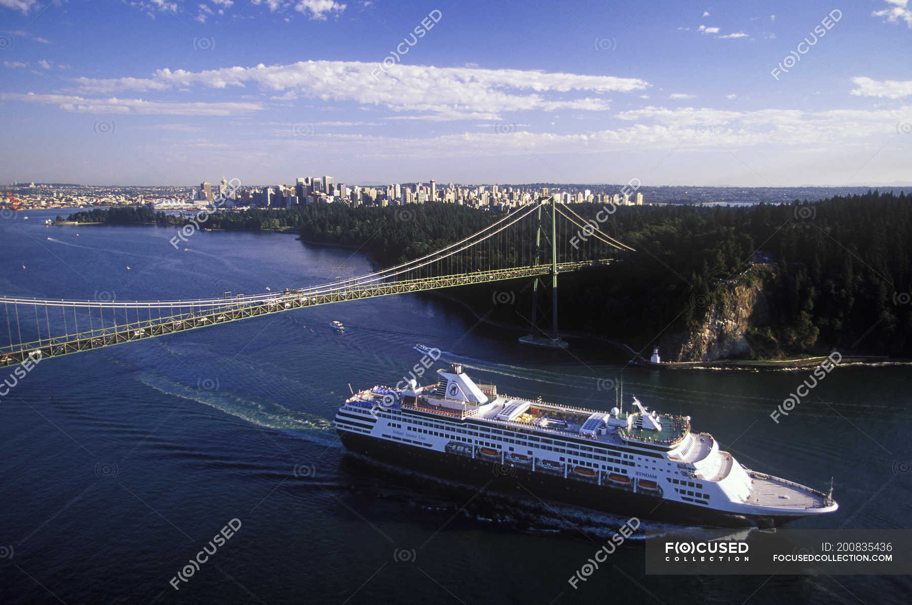 Aerial View Of Cruise Ship Passing Under Lions Gate Bridge Vancouver British Columbia Canada Tourism Pacific Ocean Stock Photo 200835436