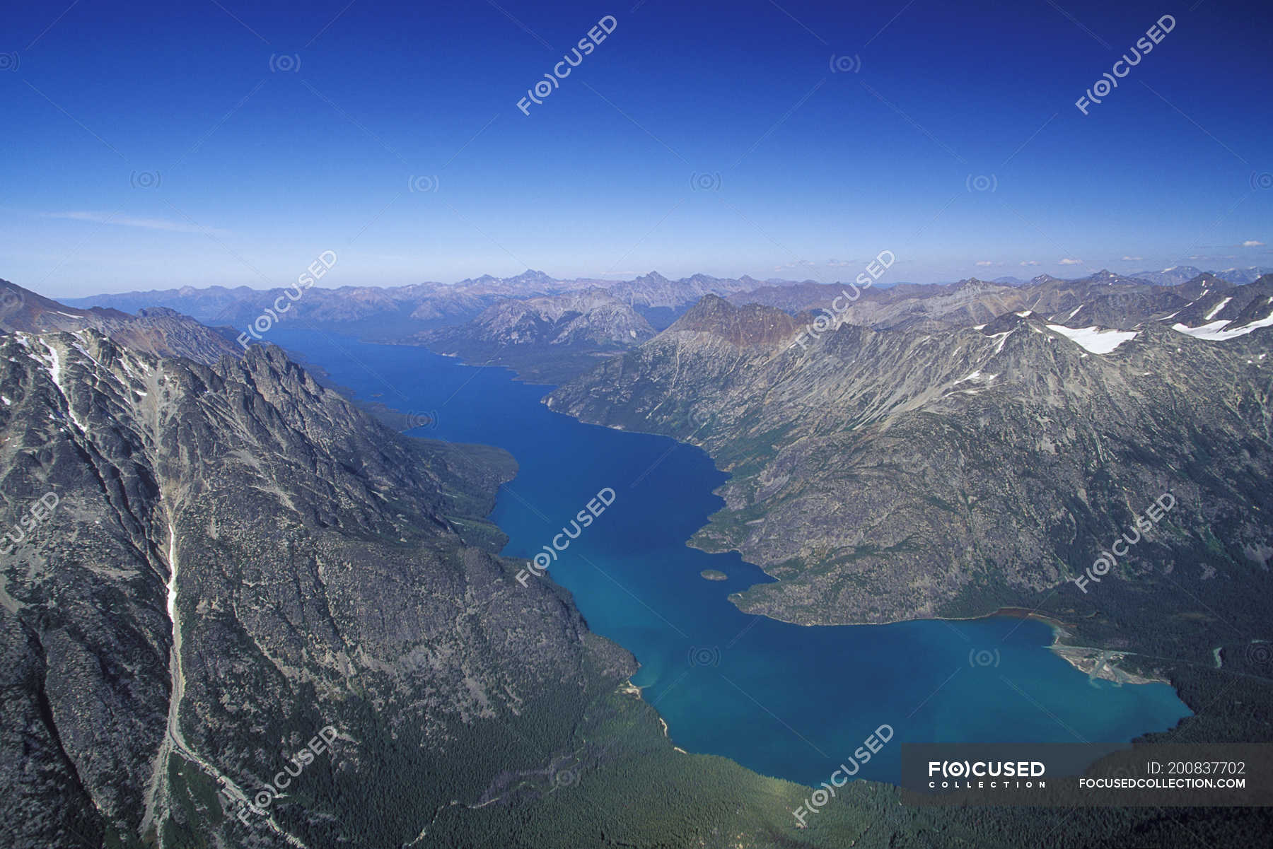 Aerial view of Chilko Lake in mountains of Tsylos Provincial Park