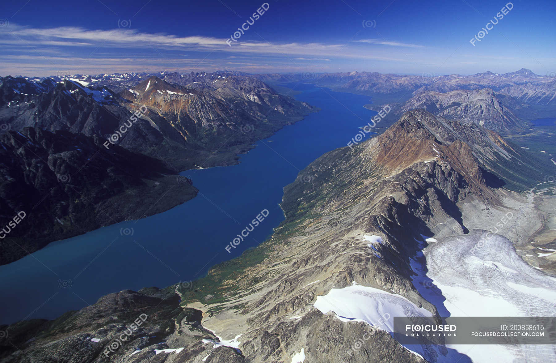 Aerial view of Chilko Lake in mountain landscape of Tsylos Provincial