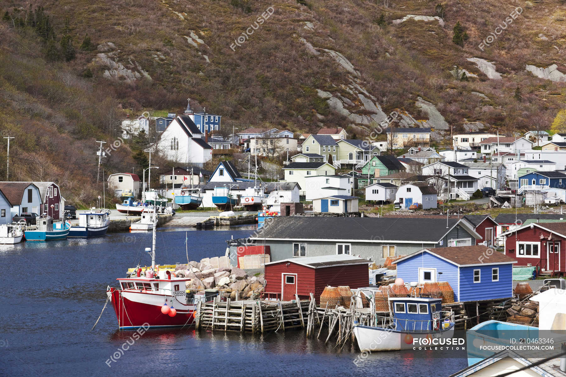 Buildings and boats of Petty Harbour small town in Motion Bay ...