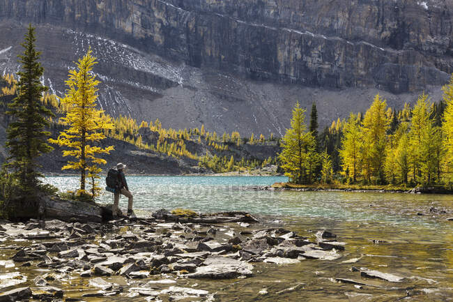 Ein Rucksacktourist macht am Ufer des Skoki Lake in der Skoki-Wildnis im Banff National Park, Alberta, Kanada, eine Pause. Modell veröffentlicht — Stockfoto