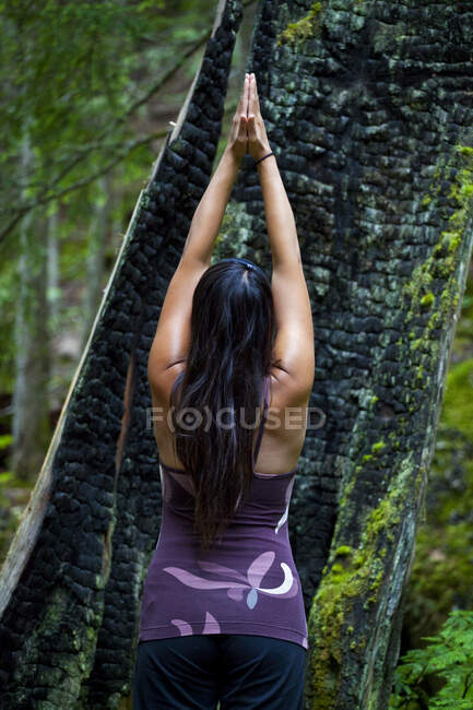 Mujer practicando yoga cerca del río Clearwater, Clearwater, Columbia Británica, Canadá - foto de stock