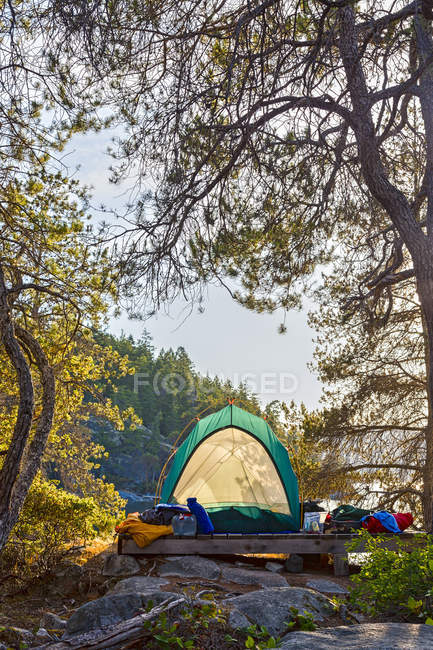 Палатка и вещи на острове Уэст-Курм с видом на остров Минк-Айленд в Морском парке залива Пустыня, Британская Колумбия, Канада . — стоковое фото