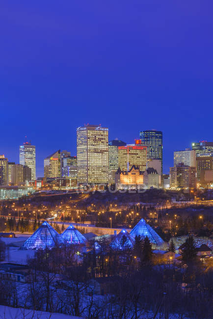 Houses and park in city skyline in winter at night, Edmonton, Alberta, Canada — Stock Photo