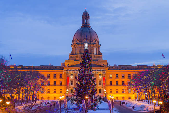 Alberta Legislature building with Christmas tree and lights display, Edmonton, Alberta, Canada — Stock Photo