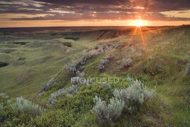 Salida del sol en el pasto de Checkerboard Hill cerca de Leader, Saskatchewan, Canadá - foto de stock