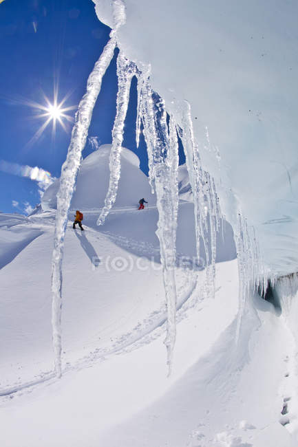 Backcountry skier and splitboarder touring up crevassed glacier at Icefall Lodge, Golden, British Columbia, Canada — Stock Photo