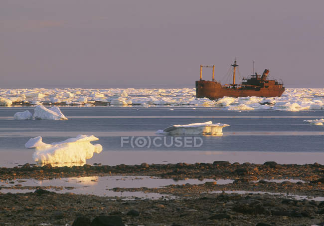 Icebergs and shipwreck in Bird Cove, Hudson Bay, Churchhill, Manitoba, Canadá - foto de stock