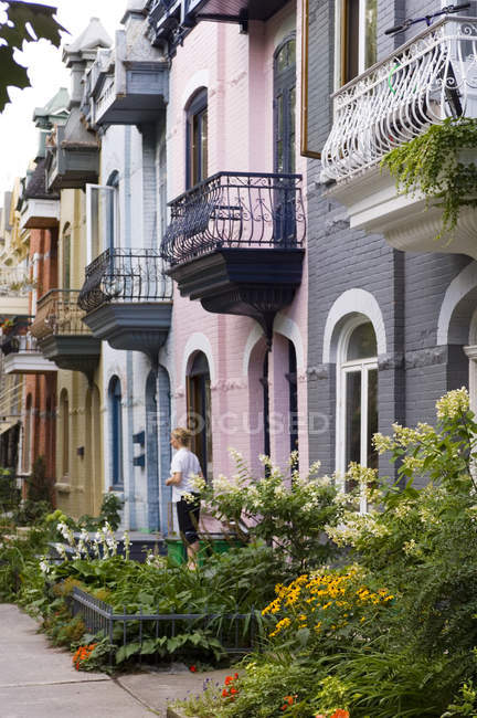 Rua residencial em Quartier Latin, típica de alojamento em fila e jardim de rua na cidade, Montreal, Quebec, Canadá . — Fotografia de Stock