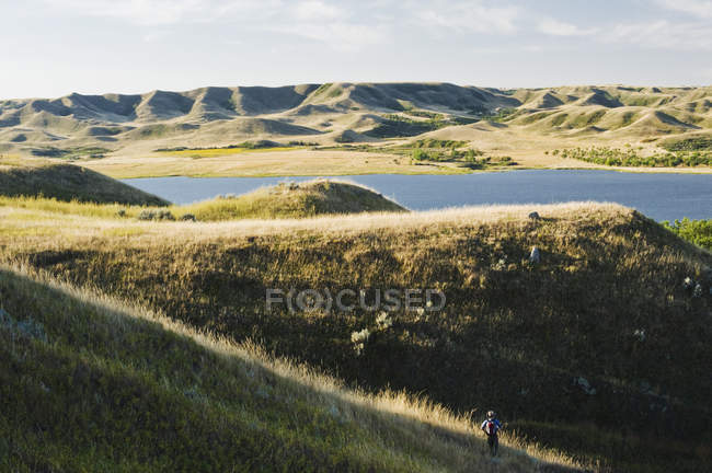 Senderista en el paisaje del Parque Provincial de Saskatchewan Landing con el lago Diefenbaker en Saskatchewan, Canadá - foto de stock