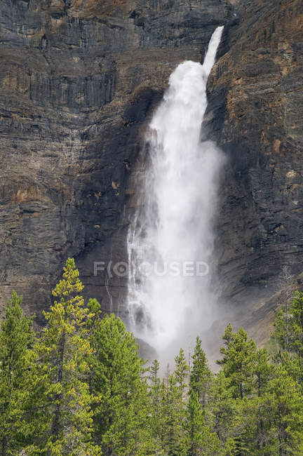 Água corrente de Takakkaw Falls no penhasco da montanha do Parque Nacional Yoho, Colúmbia Britânica, Canadá — Fotografia de Stock