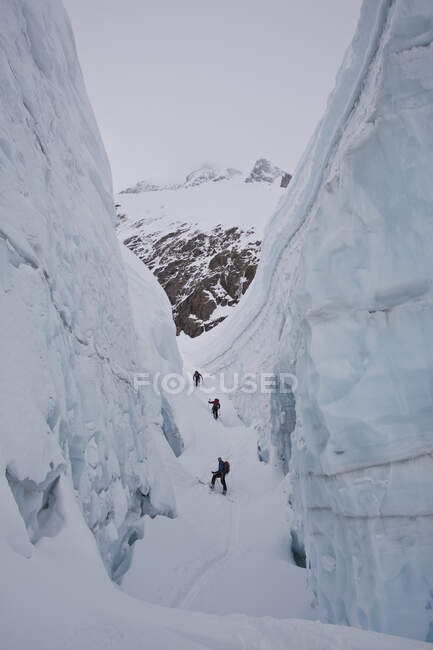 Мала група людей, які гастролювали на лижах у канадських Скелястих горах за межами країни, Icefall Lodge, Британська Колумбія, Канада — стокове фото