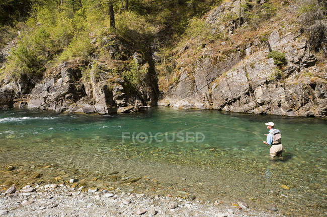 Man fly-fishing on tributary of Elk River near Fernie, Elk Valley, East Kootenays, British Columbia, Canadá . — Fotografia de Stock