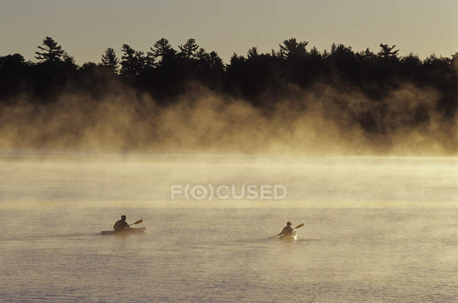 Jeune couple kayak de mer sur le lac Rosseau, Muskoka, Ontario, Canada . — Photo de stock