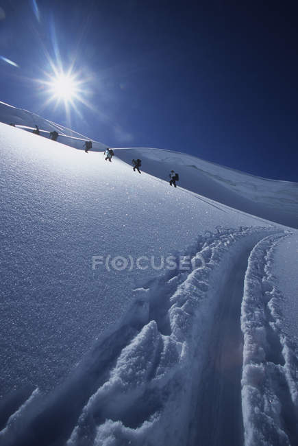 Gruppo medio di sciatori che scuoiano il ghiacciaio Durrand, Columbia Britannica, Canada — Foto stock