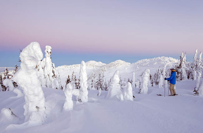 Ein Skifahrer unter Schneegeistern beobachtet die wunderschöne Landschaft vor Sonnenaufgang am Gipfel des Sun Peaks Resort, Thompson Okangan Region, British Columbia, Kanada — Stockfoto