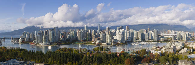Burrard e Cambie Pontes no horizonte da cidade em False Creek, Vancouver, Colúmbia Britânica, Canadá — Fotografia de Stock