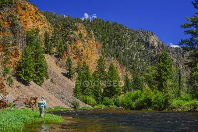 Pesca pessoa irreconhecível em Rock Creek, Montana, EUA — Fotografia de Stock