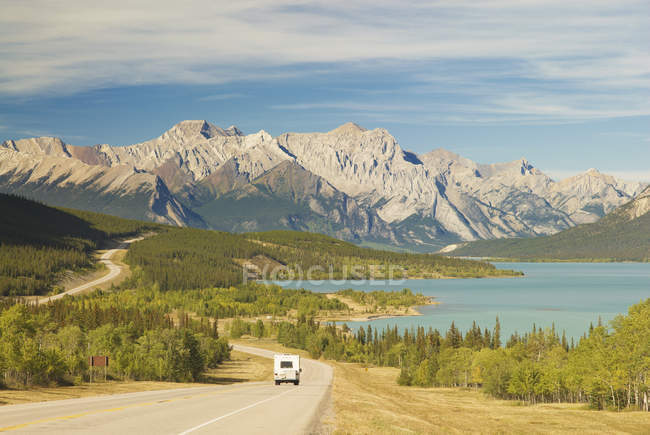 Truck driving on highway near Nordegg, Alberta, Canada — Stock Photo