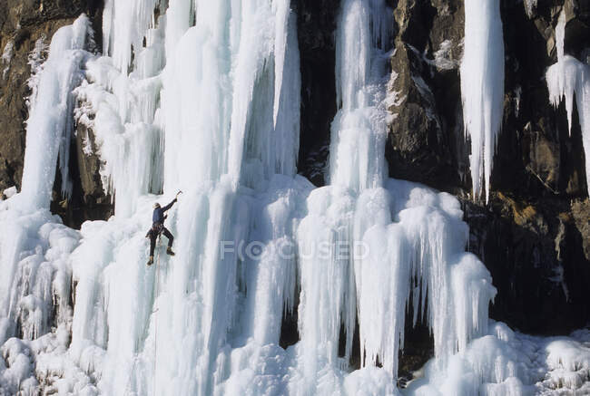 Un arrampicatore su ghiaccio che sale sulla Miss Dunsters WI5, Grand Manan Island, New Brunswick, Canada — Foto stock