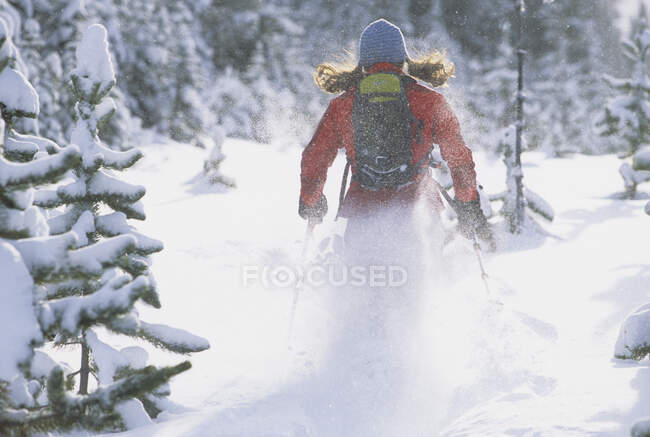 A young female snowshoer enjoying a winter morning run in Kananaskis Country, Alberta, Canada — Stock Photo