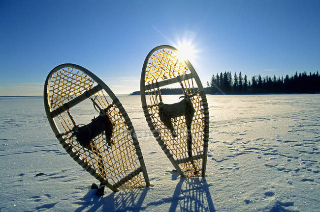 Raquetas de nieve que se pegan de la nieve en el lago helado del norte en Canadá . - foto de stock