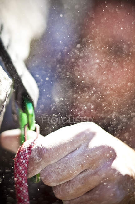 Close-up of hand of man sport climbing in mountains — Stock Photo