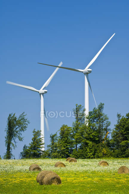 Wind generators with hay bales and wildflowers in meadow, Shelburne, Ontario, Canada — Stock Photo
