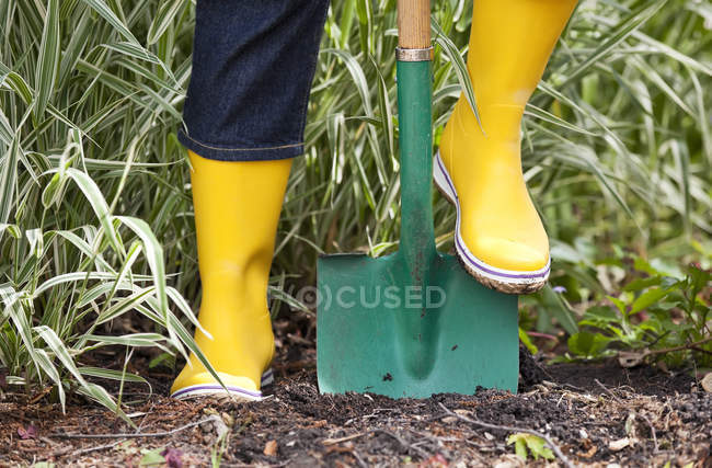 Женщина копает землю с садовой лопатой, крупным планом . — стоковое фото