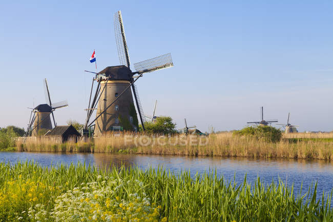 Historic Windmills by water at Kinderdijk, South Holland, Netherlands — Stock Photo